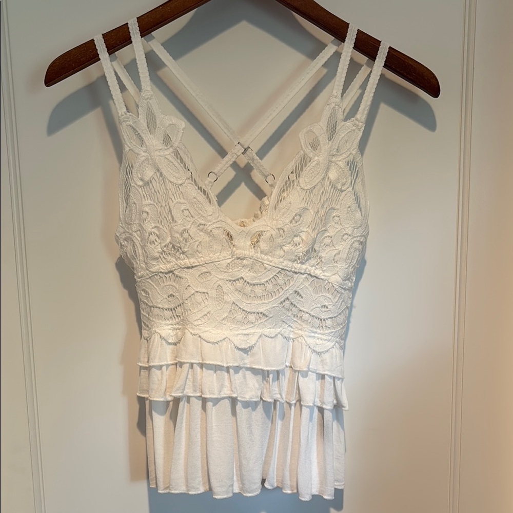 POL V neck tiered lace tank top blouse with adjustable straps